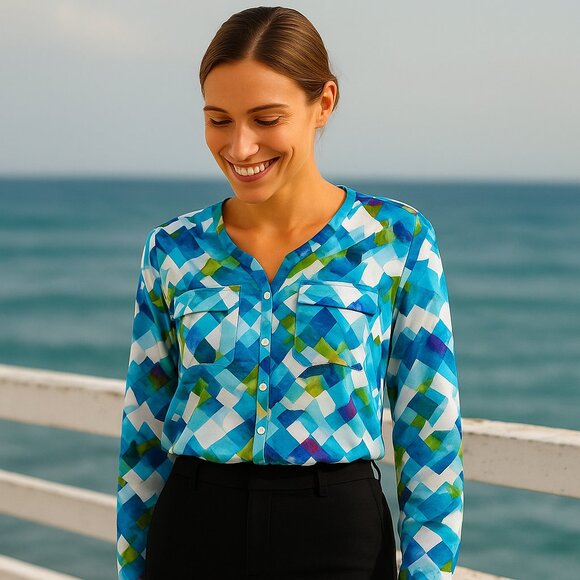 Calvin Klein Tops - Calvin Klein Medium Abstract Blue White Green Button Down Blouse Office Top